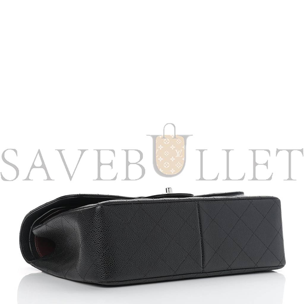 CHANEL CAVIAR QUILTED JUMBO DOUBLE FLAP BLACK SILVER HARDWARE (30*20*9cm)